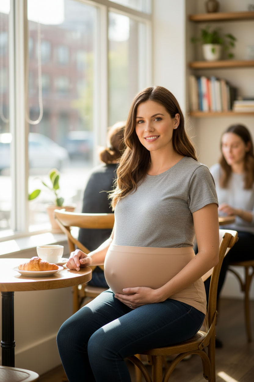 Seamless maternity belly band by Oz-Direct.com in beige; anti-skid pregnancy belly support belt