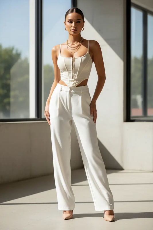 Women's backless cream waist cincher corset top with front lace-up, paired with ivory wide-leg pants