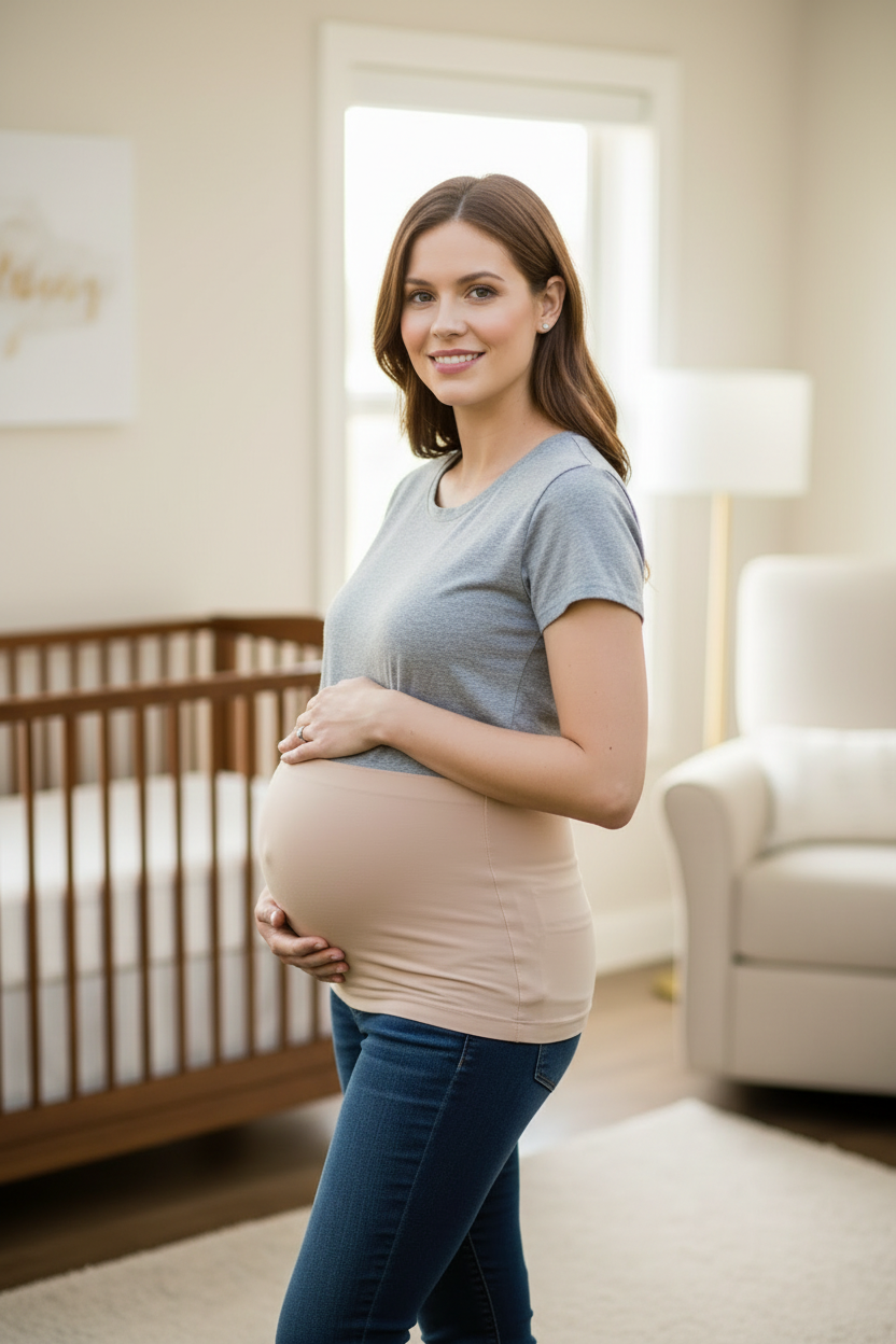 Pregnant belly belt beige maternity support; seamless silicone design by Oz-Direct.com