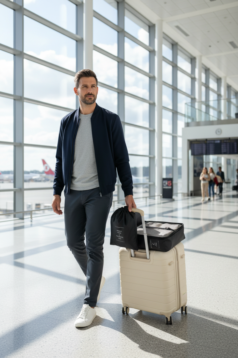 7Pcs travel packing cubes set with shoe bag atop beige spinner suitcase at airport