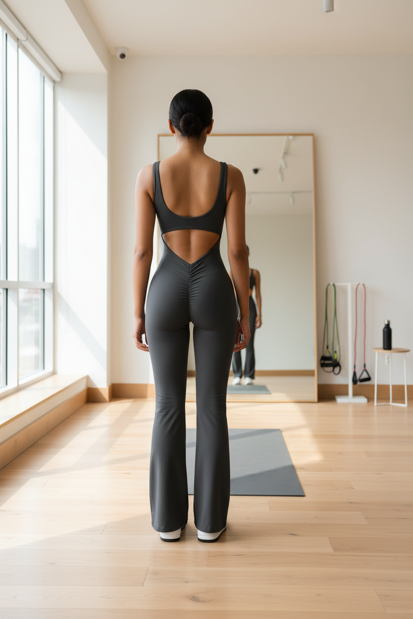 Backless flare yoga bodysuit unitard in charcoal by Oz-Direct.com