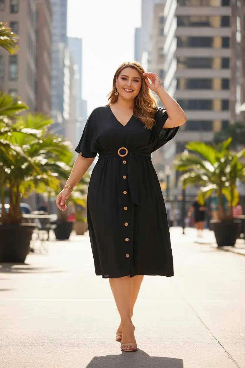 Women's plus-size V-neck batwing-sleeve midi dress with ring-buckle belt and front buttons in black