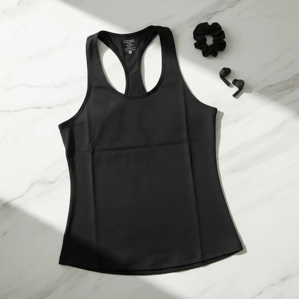 Women yoga top by eprolo, black racerback sleeveless gym vest with scrunchie and wireless earbuds