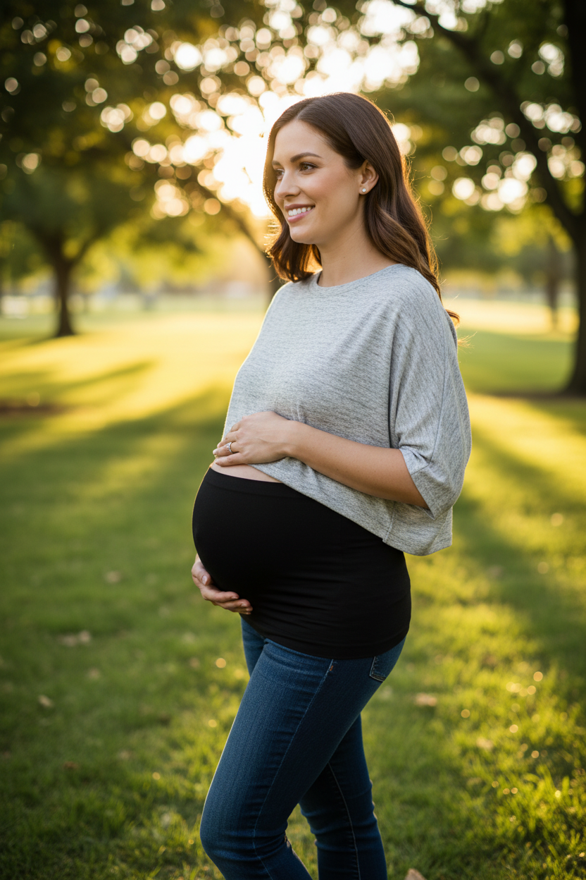 Seamless Maternity Belly Band, black pregnancy support belt worn by a pregnant woman in a sunny park.