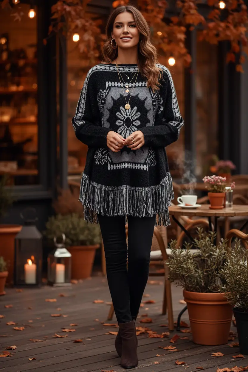 Women's Fringe Geometric Poncho – Long Sleeve Boho Layering Cape by Oz-Direct.com