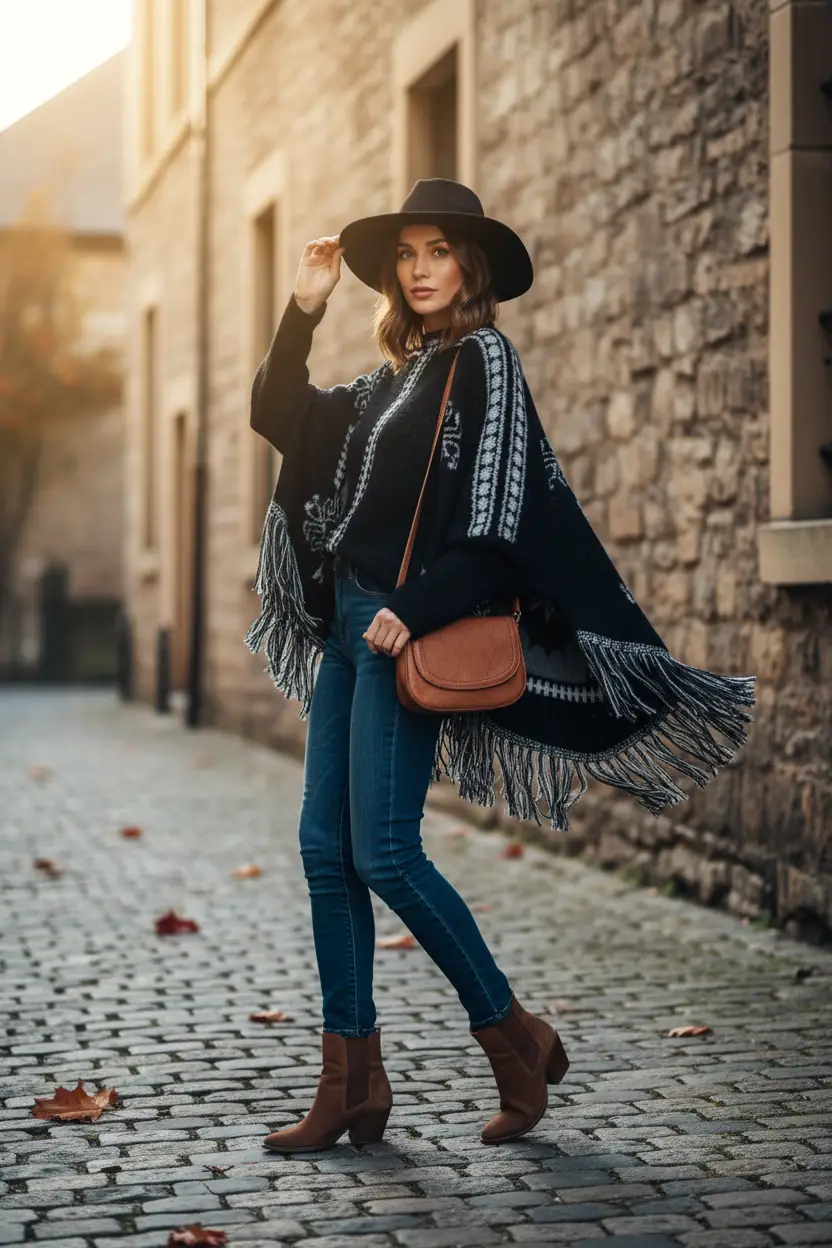 Women's Fringe Geometric Poncho – Long Sleeve Boho Layering Cape by Oz-Direct.com