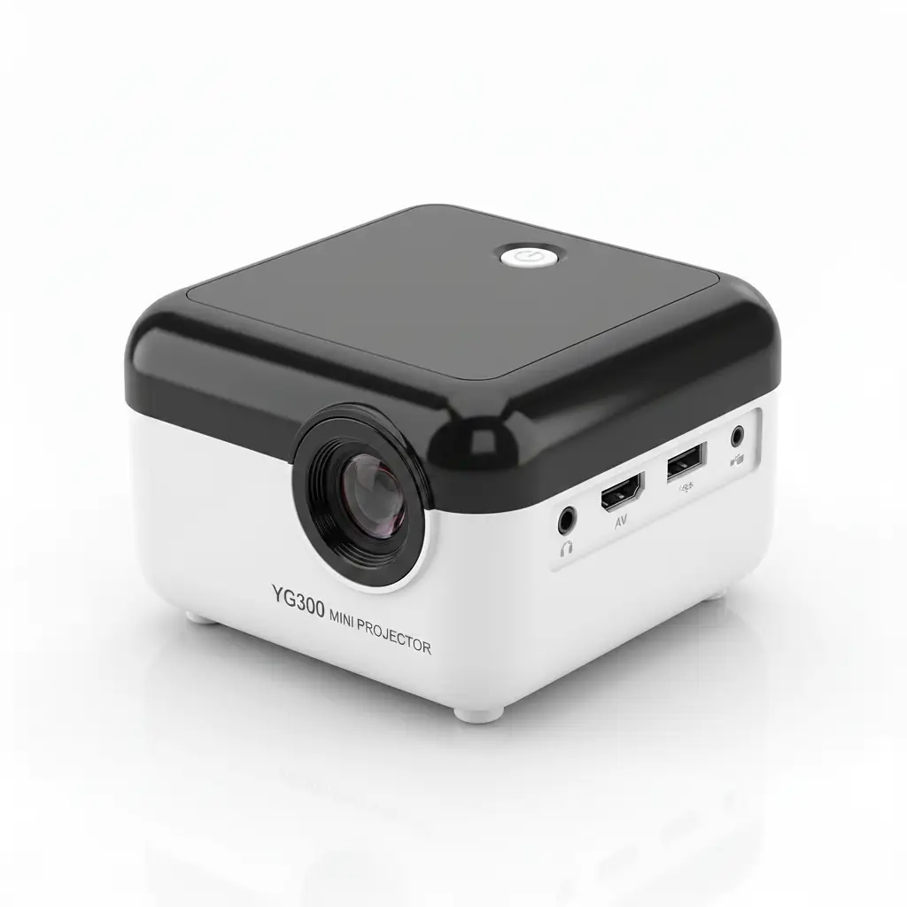 YG300 mini projector, compact black-top white-base multimedia projector with front lens and side AV/USB ports