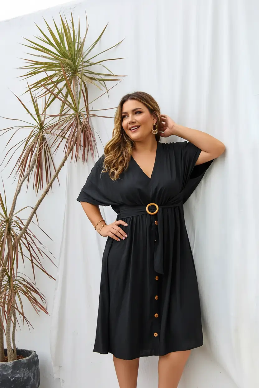 Women's Plus Size V-Neck Batwing Sleeve Midi Dress with belt and button-front, black Oz-Direct.com
