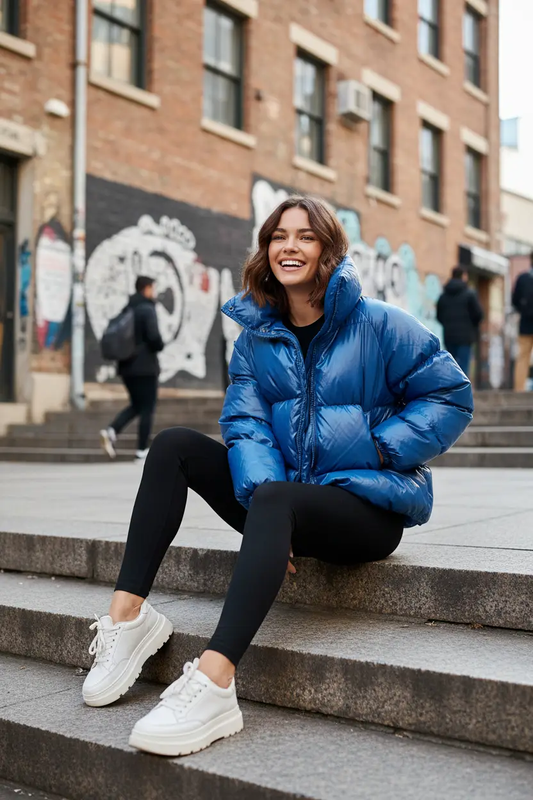 Women's Oversized Puffer Jacket - Glossy Bubble Down Coat, blue parka worn by a model.