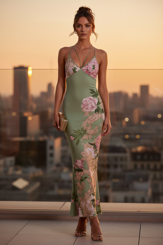 Bohemian dress, sage green with pink floral print, V-neck spaghetti straps, floor-length on model