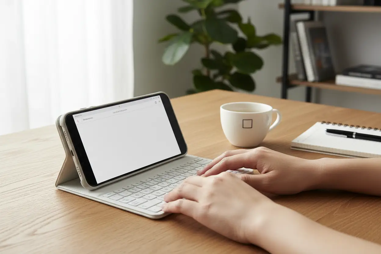 Bluetooth Keyboard Case for Smartphones by Oz-Direct.com; white keyboard with beige folio stand.
