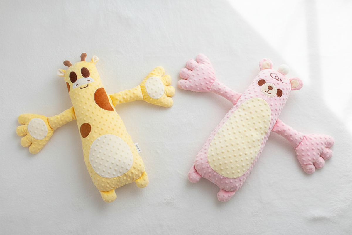 Baby anti-startle hugging pillows set: yellow giraffe and pink bear plush cushions (2-pack) by Oz-Direct.com