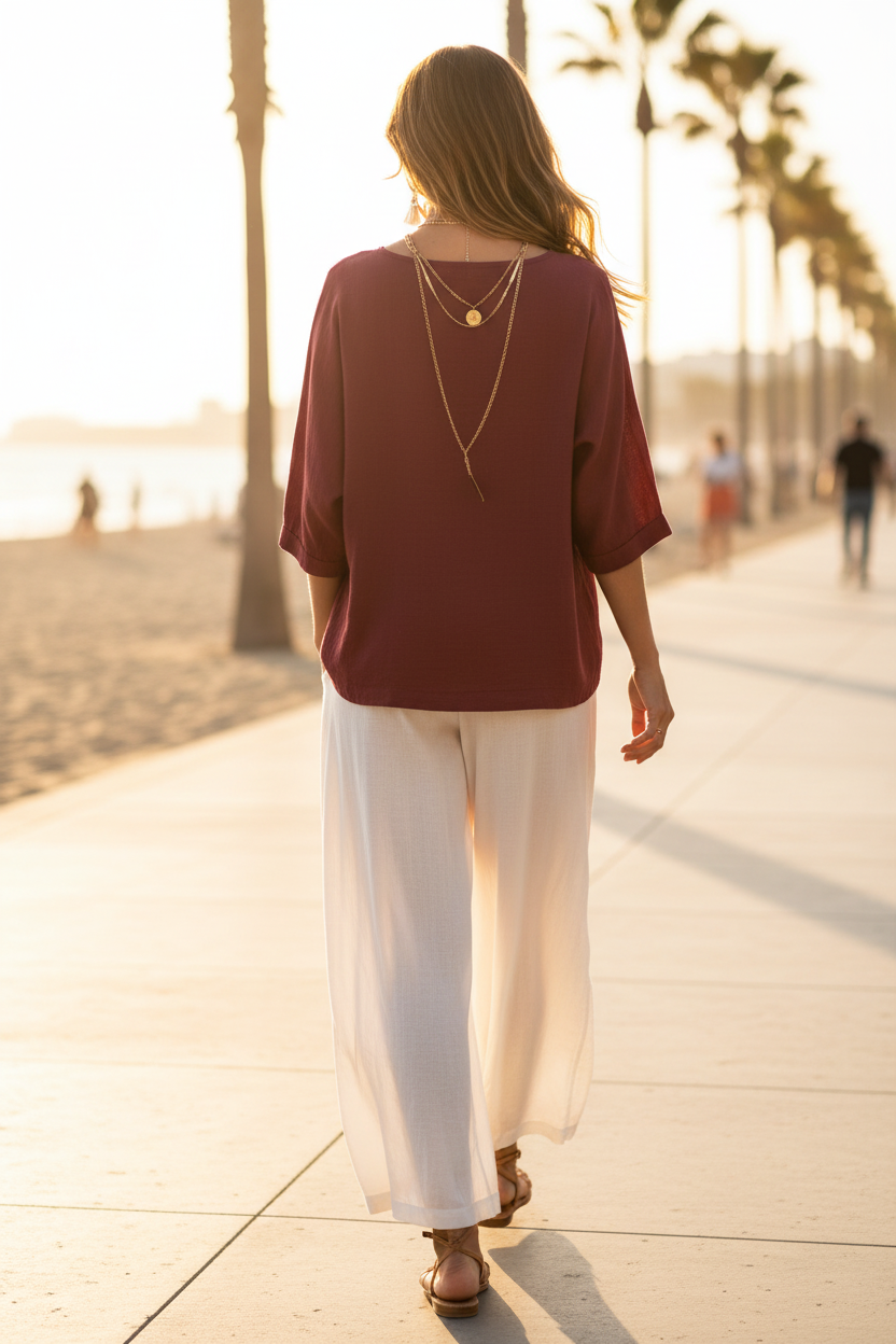Bohemian style loose elegant outfit set for women; burgundy top with white wide-leg pants