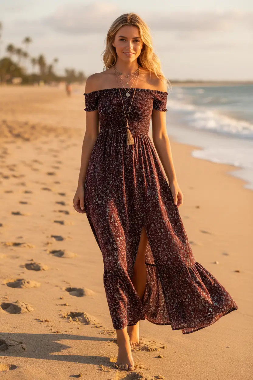 Sexy strapless beach summer dress in burgundy floral print, maxi with slit
