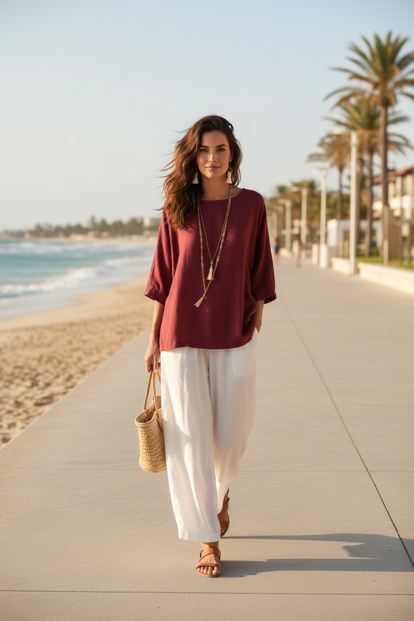 Bohemian Style Loose Elegant Set for Women; burgundy top with white wide-leg pants and straw tote.