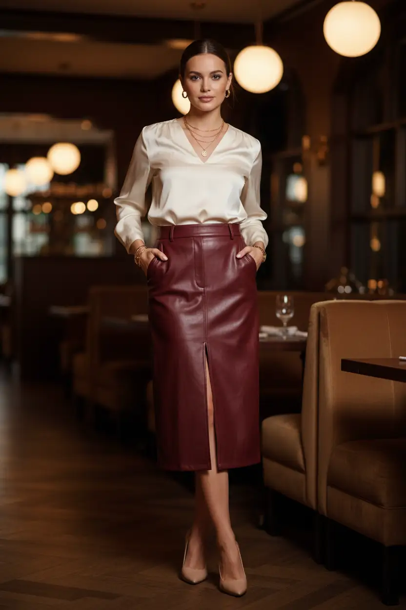 Women's burgundy faux leather slit midi skirt with pockets, shown on a model wearing an ivory satin blouse.