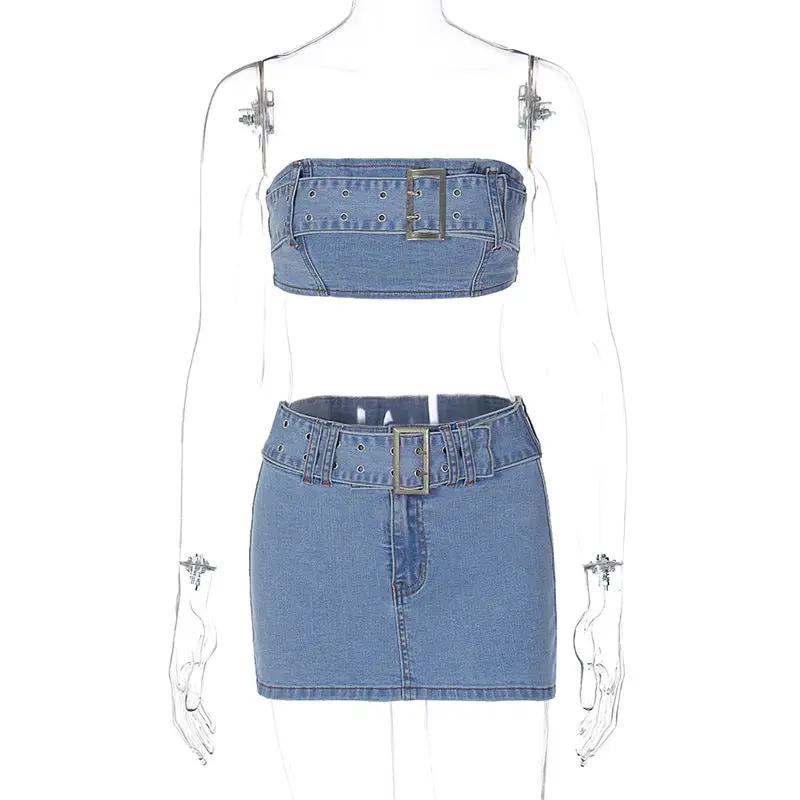 Women's fashion denim tube top and mini skirt two-piece set in light blue denim with belt buckles, Oz-Direct.com
