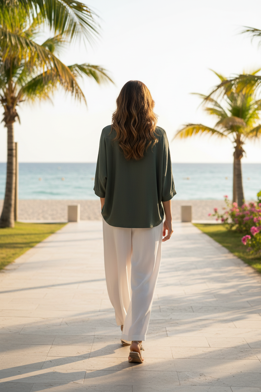 Bohemian Style Loose Elegant Set for Women: 2-piece dark green top with white wide-leg pants on a beach path