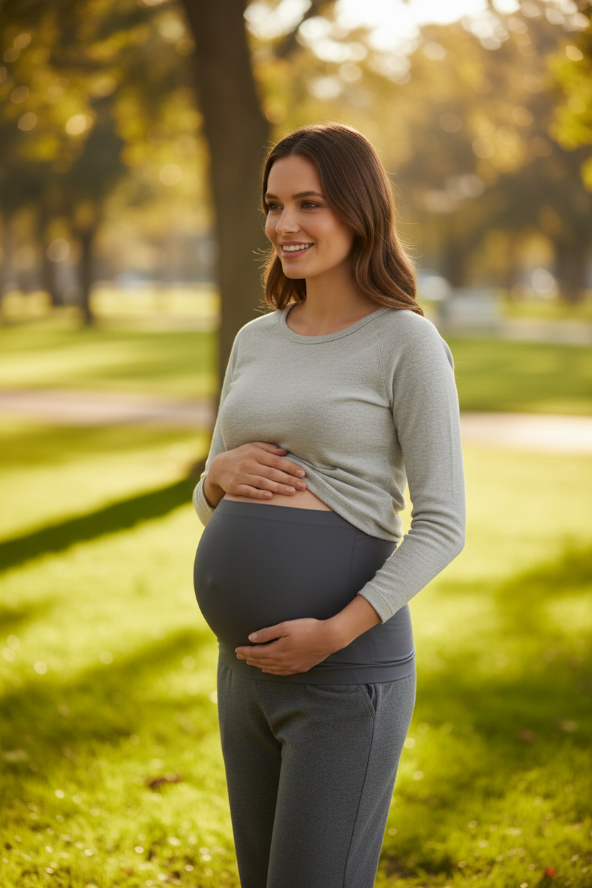 Seamless Maternity Belly Band in gray, worn by a pregnant woman outdoors in a park
