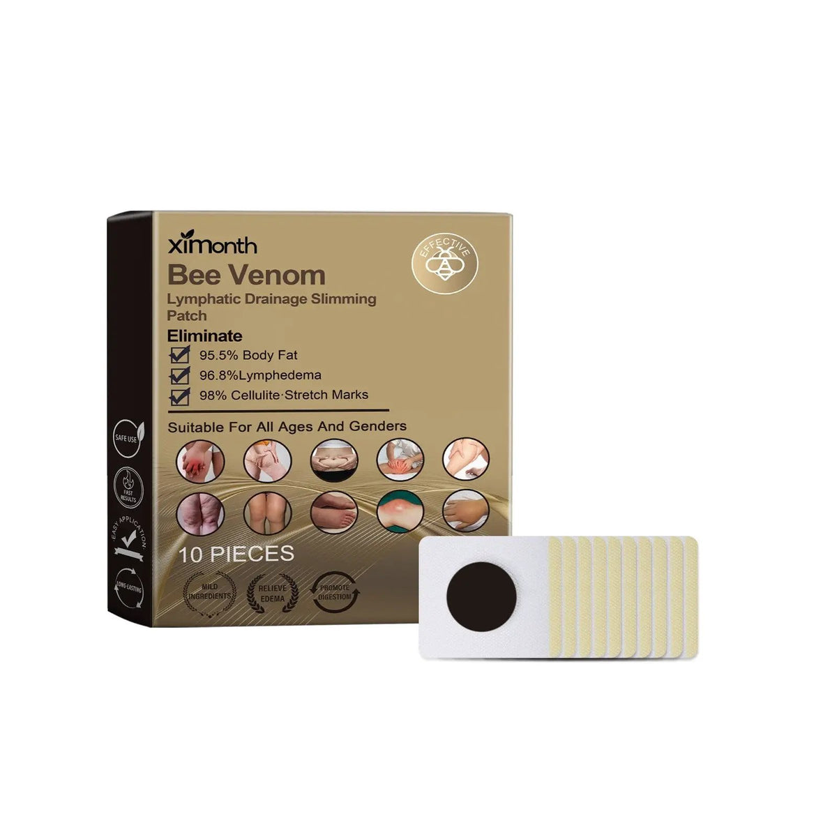 Lymphatic Body Shaping Patch by Ximonth in beige-gold packaging, 10 pieces, Bee Venom lymphatic drainage patch