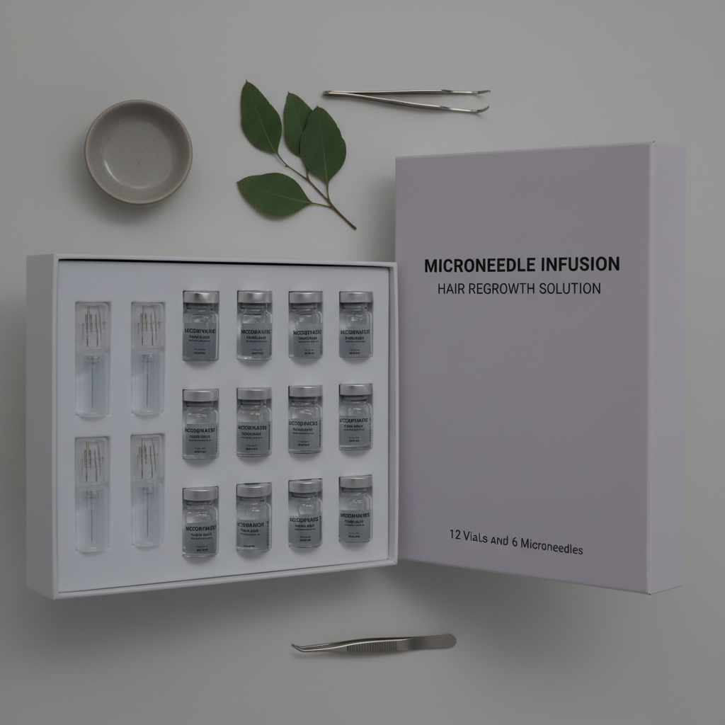 Hair Regrowth Microneedle Serum Kit in lavender box with 12 vials and 6 microneedles