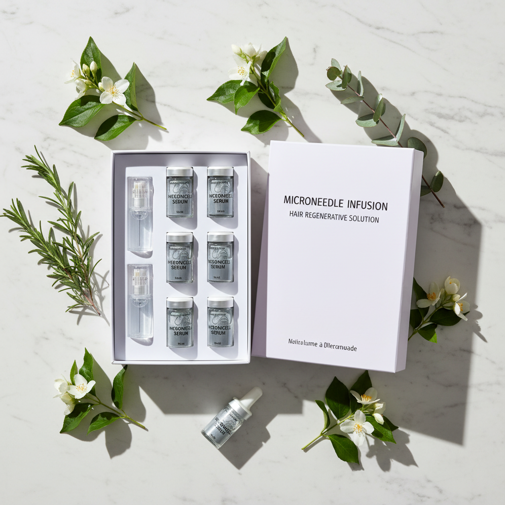 Hair Regrowth Microneedle Serum Kit in white box with clear vials on marble surface Oz-Direct.com