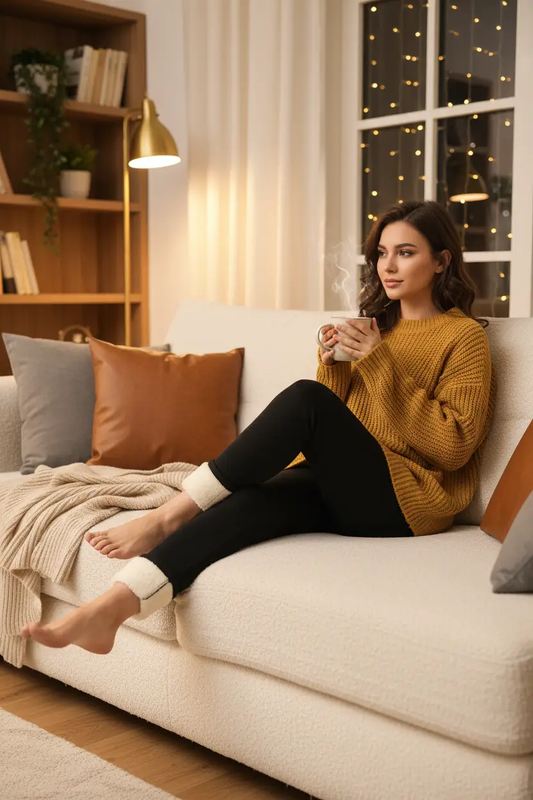 Fleece Lined Tights, black, worn by a woman on a beige sofa