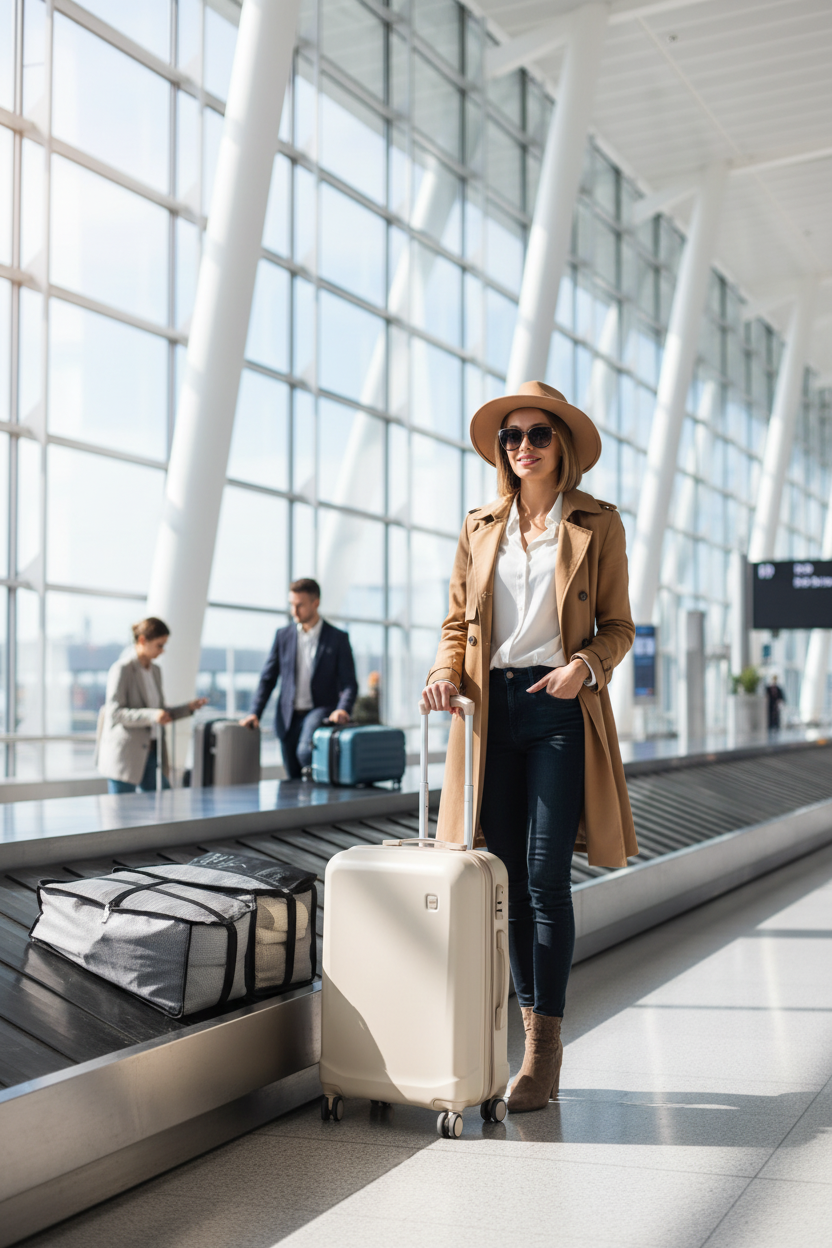 7Pcs Travel Packing Cubes set in gray, with beige rolling suitcase at airport