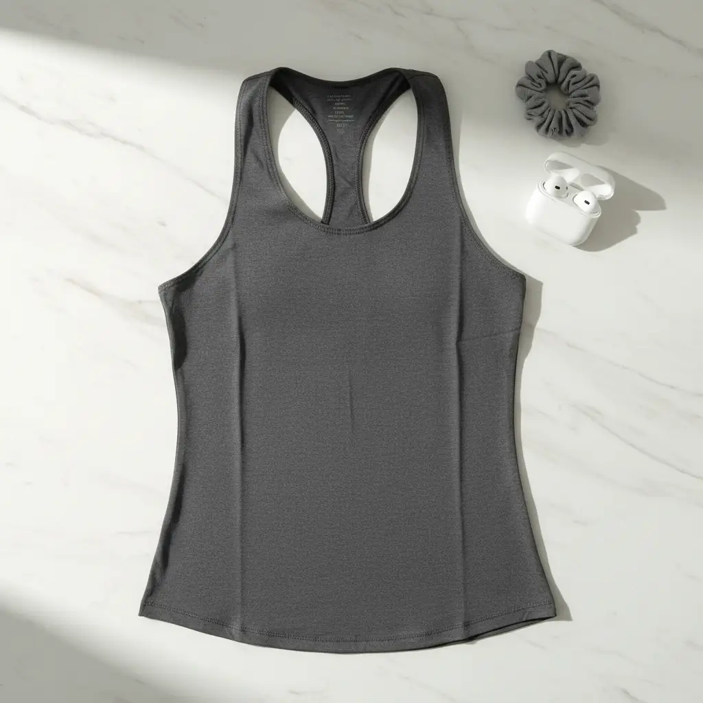 Gray women's athletic yoga tank top with racerback, plus a gray scrunchie and white wireless earbud case.
