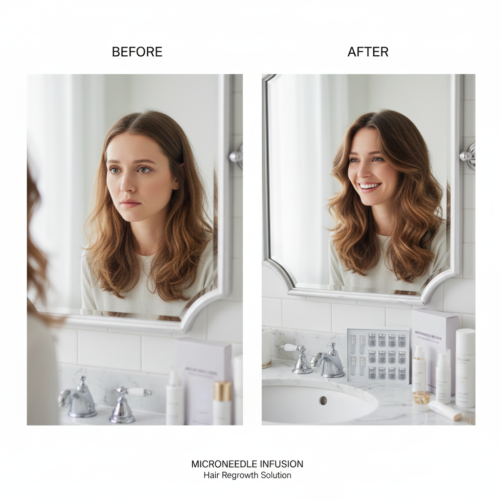 Hair Regrowth Microneedle Serum Kit - Scalp Care, Anti-Hair Loss; before/after showing fuller, wavy hair