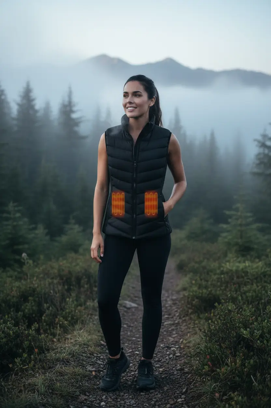 Women's heated vest in black, padded puffer style with dual front heating panels.