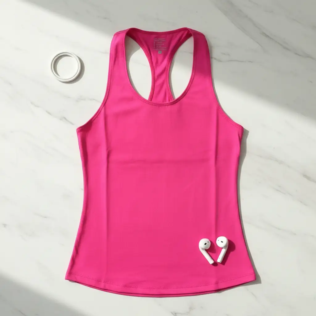 Women's hot pink yoga top sleeveless gym vest flat lay with 2 white wireless earbuds