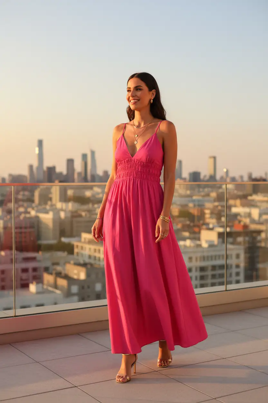 Women's Verona Sleeveless Belted Long Dress in hot pink, smocked waist, sustainable fabric