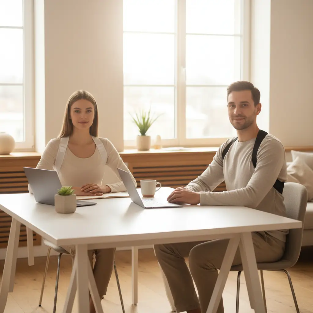 Back posture corrector straps worn by two people, white and black, at a modern home office desk.