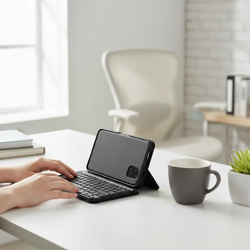 Bluetooth keyboard case for smartphones with a gray textured back and built-in keyboard