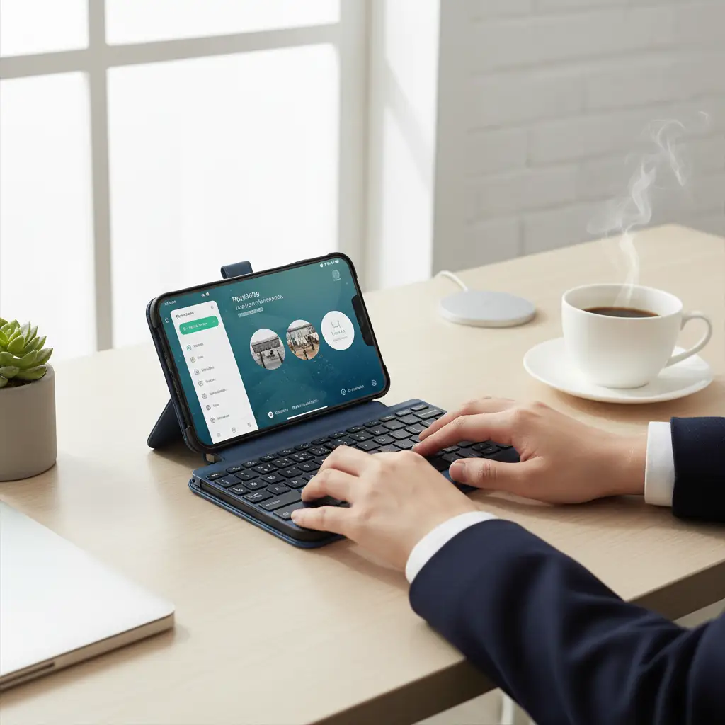 Bluetooth keyboard case for smartphones in blue PU leather with phone attached on a desk