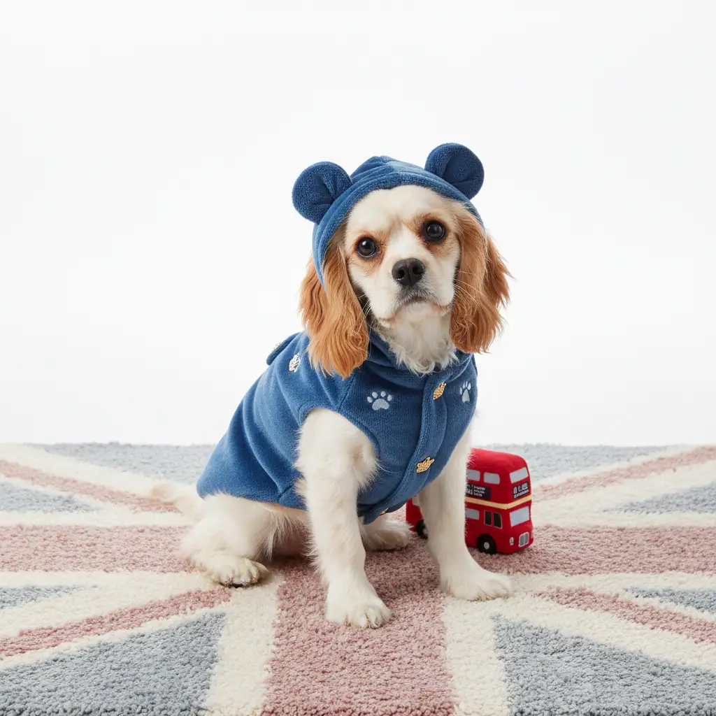 Velvet Teddy Bear Dog Vest, blue plush coat with paw-print accents for small dogs and cats