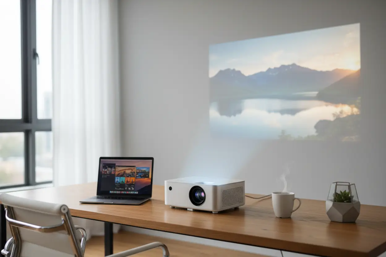 Mini projector on a wooden desk, white body, projecting onto a wall in a home office