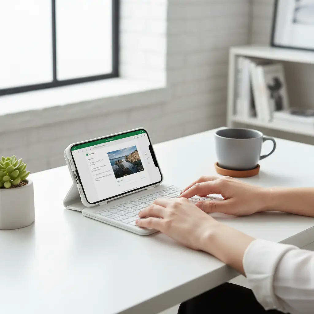 Bluetooth keyboard case for smartphones, white PU leather, shown with a phone on a desk.