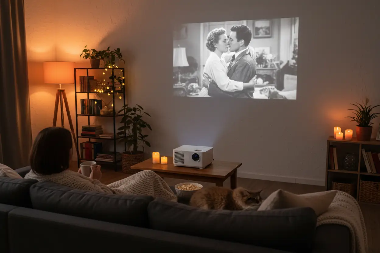 Oz-Direct.com mini projector, white on a wooden coffee table, projecting a movie onto a living room wall.
