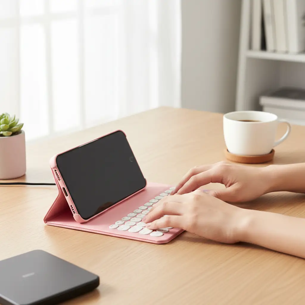 Pink PU leather Bluetooth keyboard case for smartphones on a wooden desk