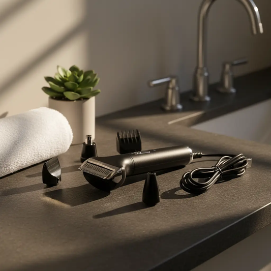 Men's 4-in-1 Electric Grooming Set by Oz-Direct.com, black cordless trimmer with attachments on a dark countertop