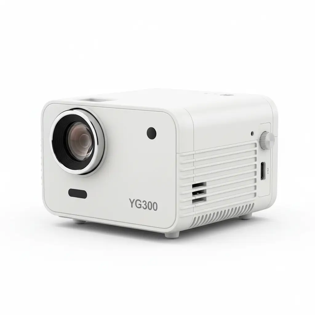 Mini projector YG300 by Oz-Direct.com; white compact multimedia projector with front lens