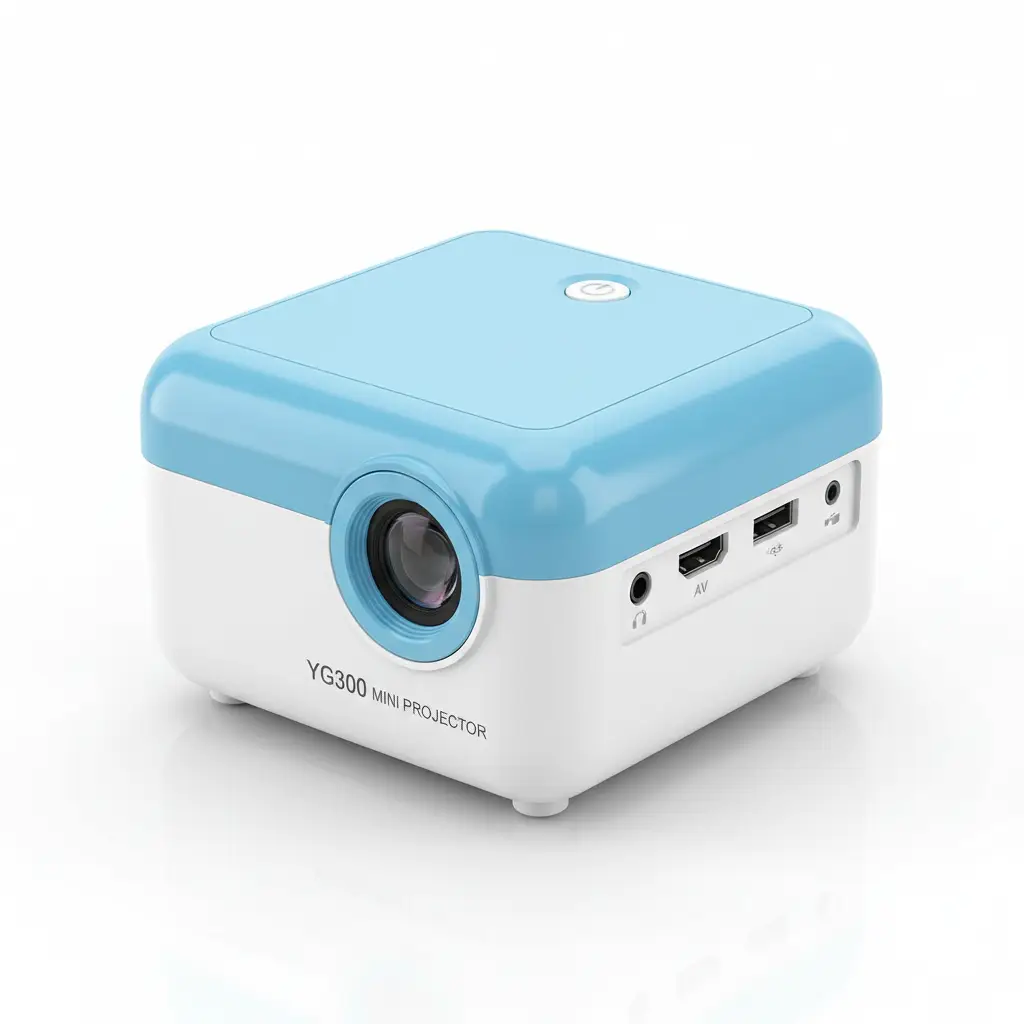 YG300 mini projector in blue and white with front lens and compact cube body