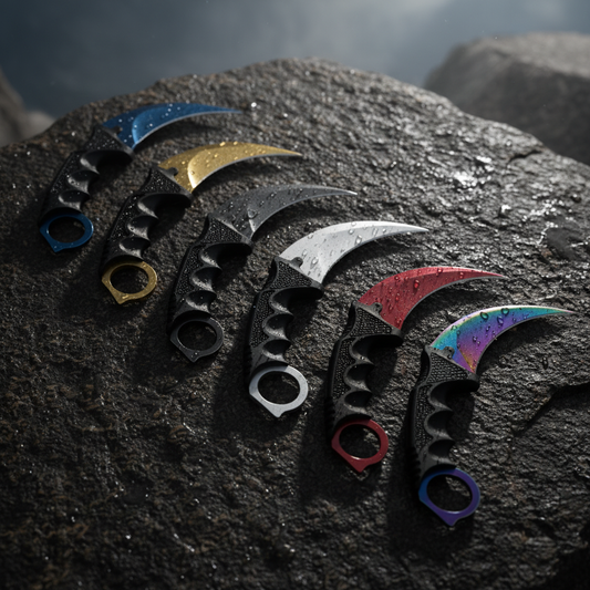 Karambit knives, six-colour stainless steel fixed-blade set with black handles on a rocky surface