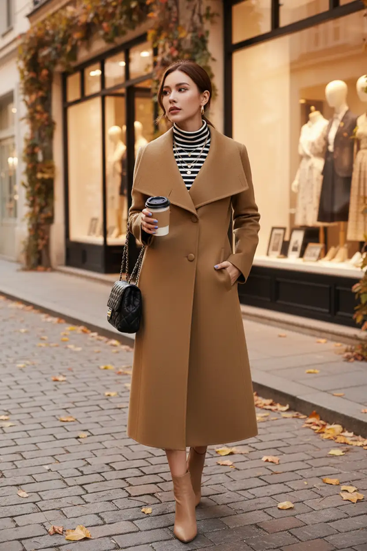 Women's Winter Cashmere Long Coat in camel with oversized lapels.
