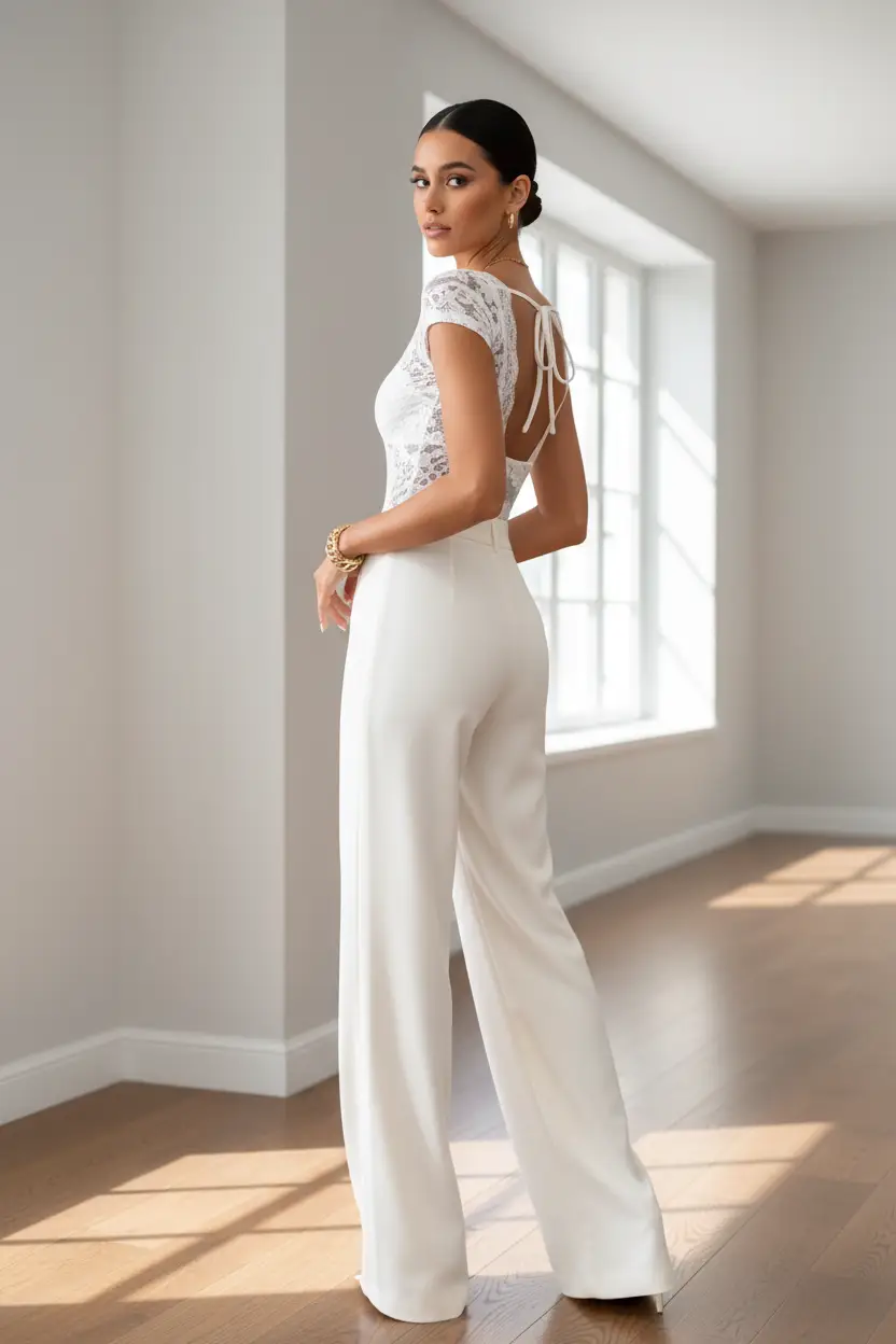 Women's white lace backless V-neck cap-sleeve bodysuit.