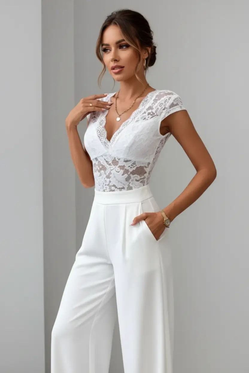 Bodysuit women's white lace backless V-neck with cap sleeves