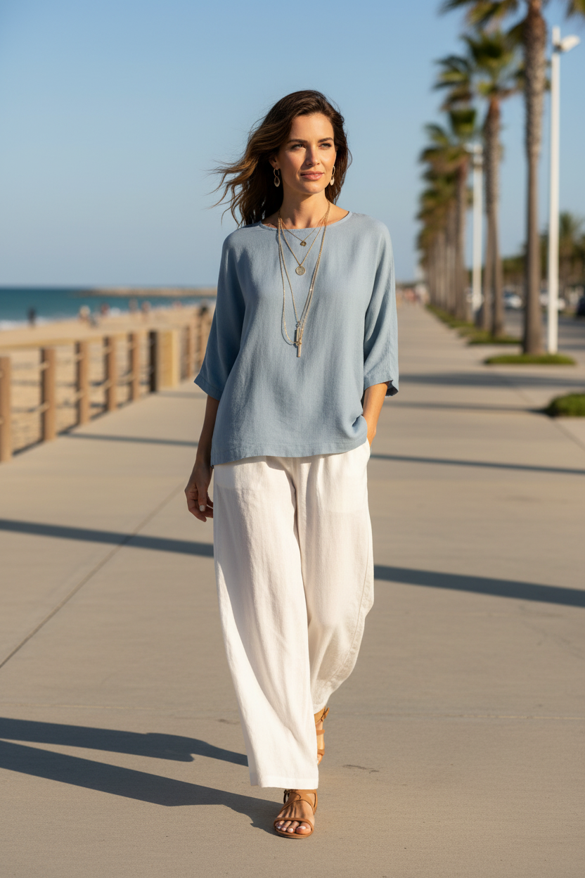 Two-piece Bohemian style outfit for women: light blue top and white wide-leg pants, casual vacation look