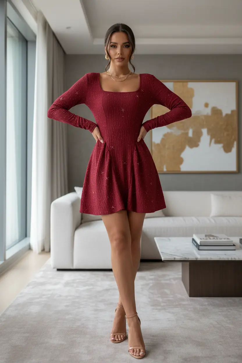Long Sleeve Square Neck Dress in burgundy knit with subtle sparkle